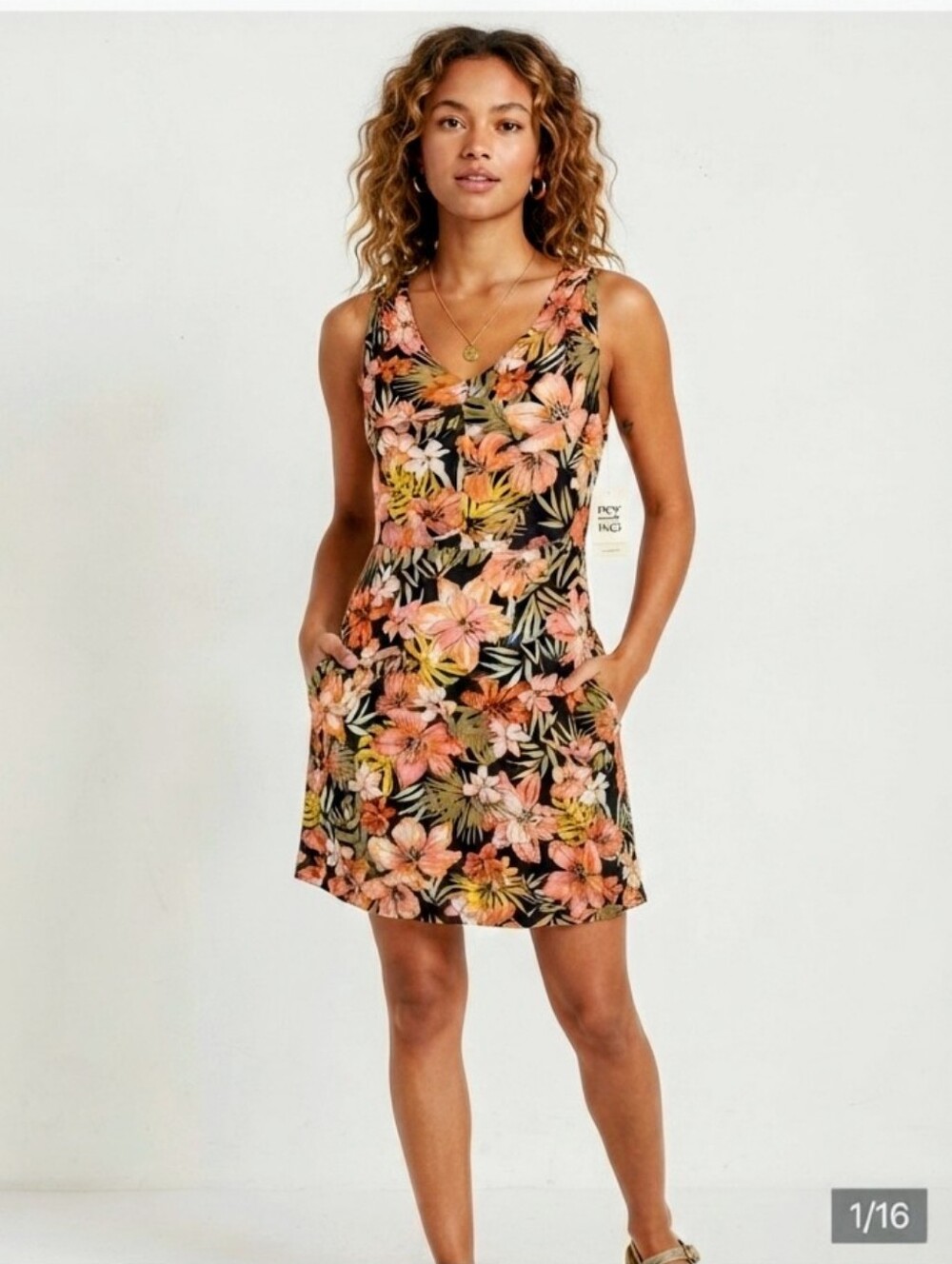 NWT Billabong Black Mini Dress with Coral and Yellow Floral Print. With Pockets